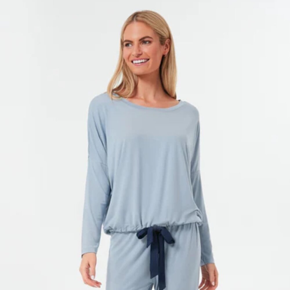 Eberjey Medium Blue Gray Ultra Soft Stretch Knit Drawstring Long Sleeve Top